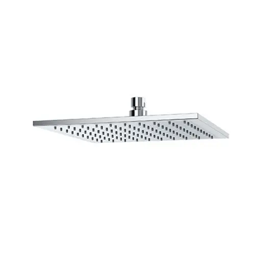 Glänzende, quadratische Dusche von Kludi mit flacher Oberfläche und gleichmäßiger Düsenanordnung. Geeignet für die Montage an der Decke oder Wand.